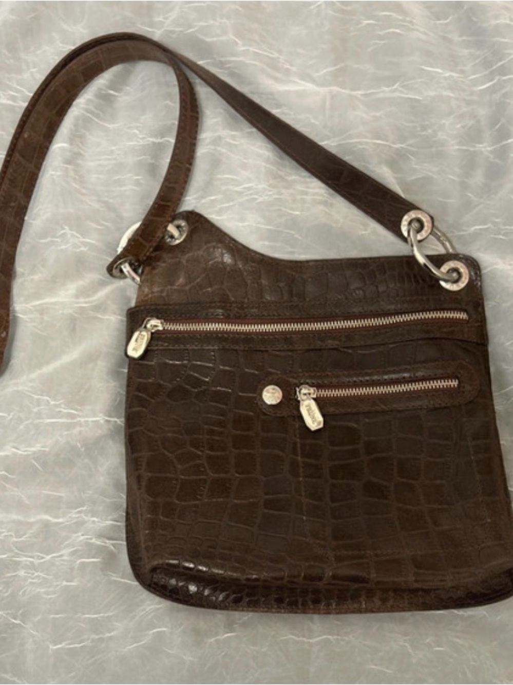Prune Dark Brown Croc-Embossed Crossbody Bag with Silver Hardware